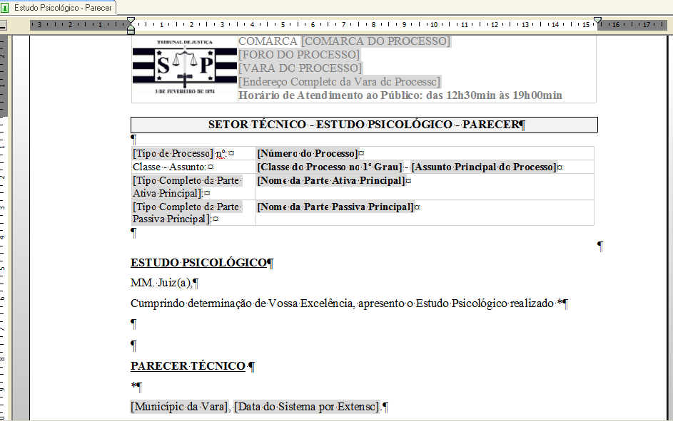 Figura 7 Nesse modelo de documento aberto construir o teor (inserir o texto fixo), intercalando com os campos (tags) de dados do processo e das partes: nome, rg.