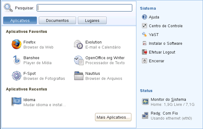 Figura 2.1 Menu principal O menu principal contém vários elementos: 2.1.1 Barra de pesquisa A barra de pesquisa ajuda a localizar aplicativos e arquivos no sistema.