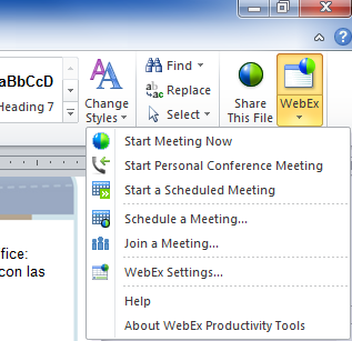Além disso, se você instala as ferramentas de produtividade, você pode começar sua reunião One-Click desde o painel WebEx One-Click, clicando em um de seus acessos diretos One-Click, que aparecem: Na