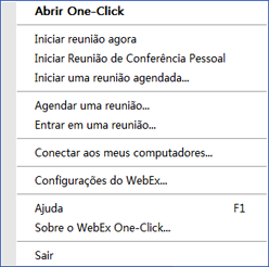 Capítulo 10: Configurar o recurso Criar reunião com um clique Atalho Descrição Menu de atalho do atalho do ícone da barra de tarefas: Clique com o botão direito do mouse no ícone WebEx One-Click da