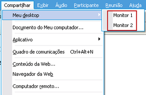 Capítulo 14: Compartilhar software No menu Compartilhar, escolha Área de Trabalho. Um submenu mostra os monitores disponíveis. 2 Selecione o monitor que você deseja compartilhar.