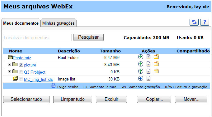 Capítulo 18: Usando o Meu WebEx Para detalhes sobre a página Meus Arquivos WebEx, consulte a página Sobre Meus Arquivos WebEx > Minha página de Documentos (na página 305) e Sobre os Arquivos WebEx >