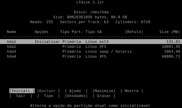 Figura 4 - Menu principal do utilitário cfdisk.