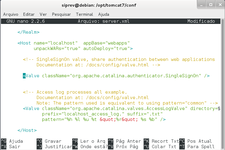 <Connector port="8089" protocol="http/1.1" connectiontimeout="20000" redirectport="8443" /> Pressione Control + O para salvar, em seguida enter para confirmar. (7) Continuar alterando o 'server.