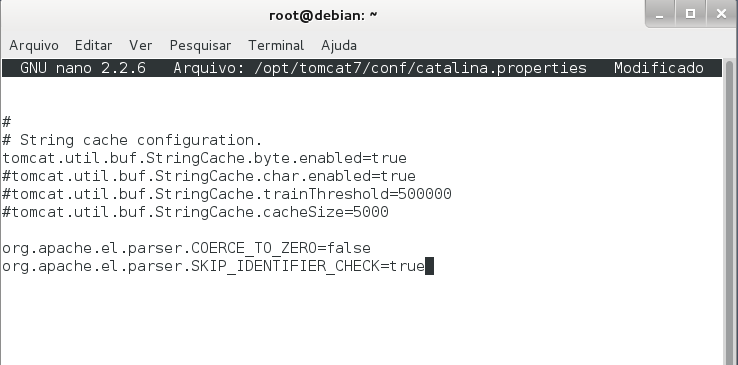 (11) Inserir as duas linhas no final do arquivo catalina.properties. # pico /opt/tomcat7/conf/catalina.properties org.apache.el.parser.