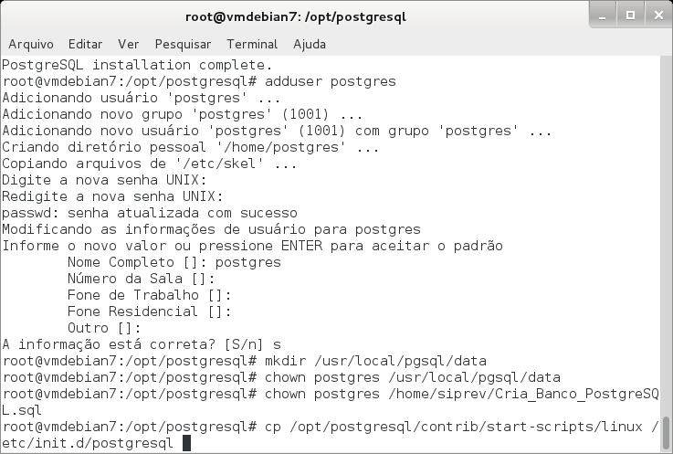 Modificar o proprietário da pasta de dados para o usuário 'postgres'. # chown postgres /usr/local/pgsql/data (6) Permitir a execução automática do serviço PostgreSQL.