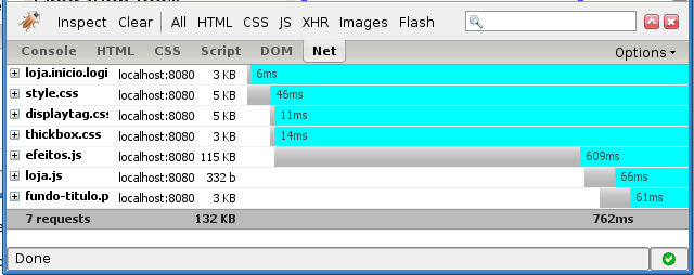 Selecione a aba Net para observarmos o tráfego de rede feito em nossa página. Acesse http://localhost:8080/loja/loja.inicio.logic e observe todo o tráfego gerado (imagens, css, javascript etc).