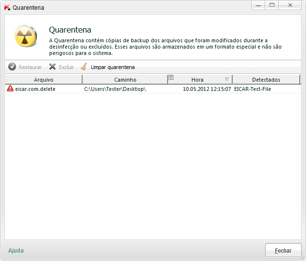 S O L U C I O N A N D O T A R E F A S T Í P I C A S 3. Na janela Quarentena que é exibida, selecione o arquivo desejado na lista e clique no botão Restaurar (consulte a imagem abaixo). Figura 5.