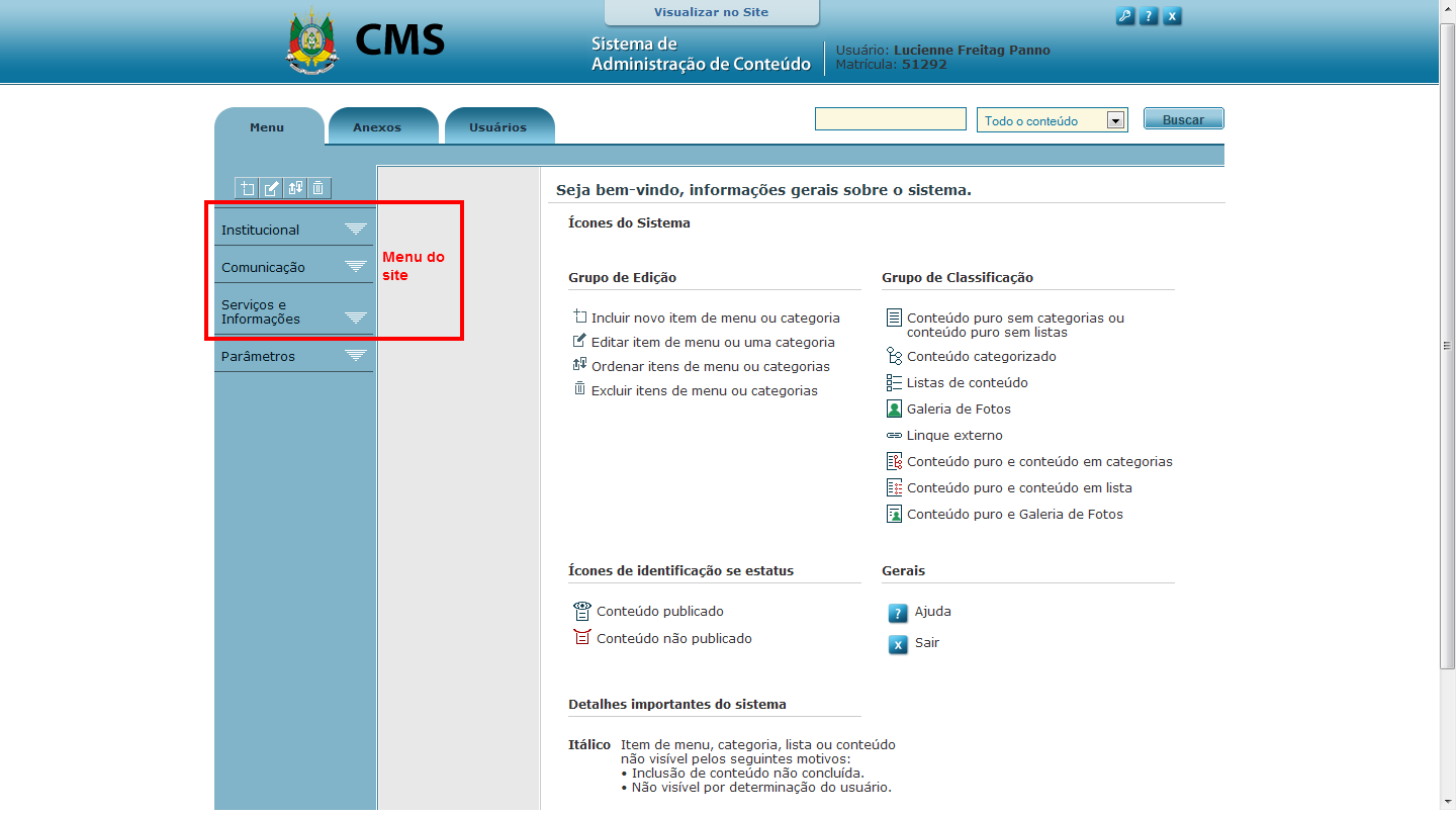 ferramenta. Exemplo de relacionamento de informações do site no CMS PROCERGS.