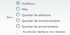 As seguintes opções são possíveis, possibilitando uma visualização completa dos tempos de problemas: Quarter de abertura: Quarter em que o problema foi aberto.