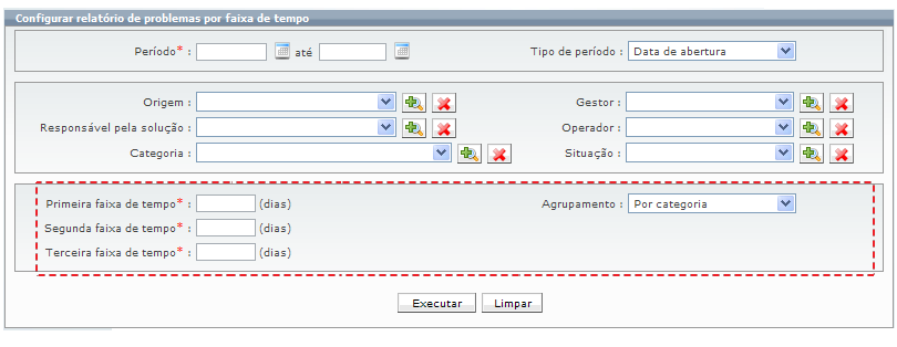 3.1.7 Problemas por faixa de tempo Esse relatório tem por objetivo mostrar a quantidade de problemas, de acordo com o tempo (em dias) que eles estão ou ficaram abertos.