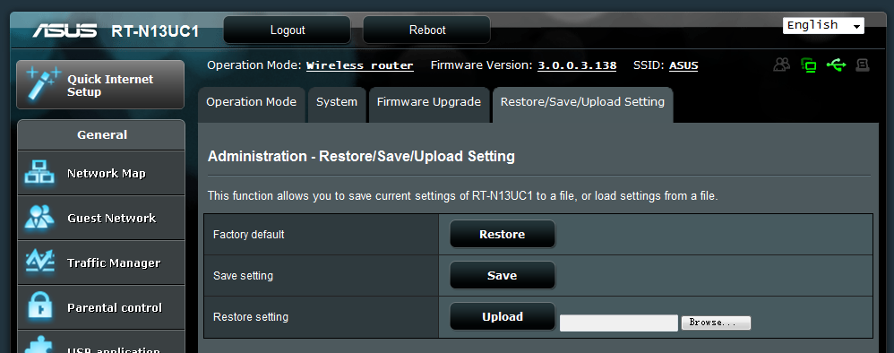 Restaurar/guardar/transferir as definições Para restaurar/guardar/transferir as definições: 1. Clique em Advanced Setting (Definições avançadas) no menu de navegação visível no lado esquerdo do ecrã.