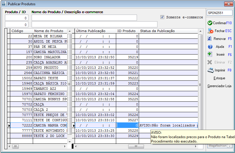 Na rotina de Publicação dos Produtos poderão ser gerenciados os itens publicados na loja virtual, bem como visualizar os status da publicação de cada item.