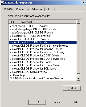 18 Software Configuration and User Administration A janela "Data Link Properties" se abre e a guia "Provider" é selecionada.