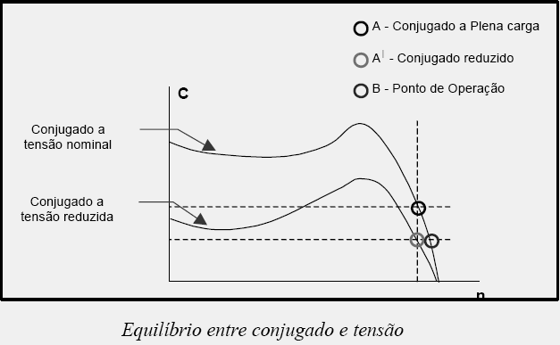 Por ser um motor onde o conjugado desenvolvido é proporcional ao quadrado da tensão aplicada, haverá uma redução do conjugado com uma redução de tensão.