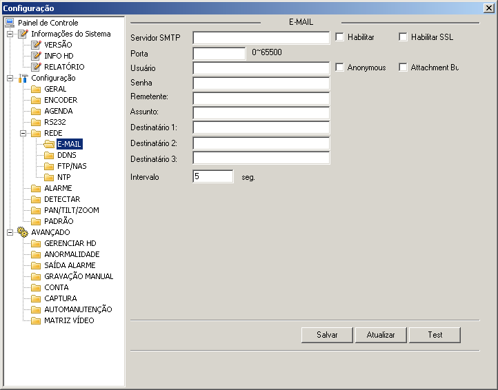 E-mail A tela E-mail será exibida conforme a figura a seguir: Servidor SMTP: digite o endereço do servidor SMTP.