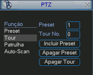 Acionamento Nessa tela é possível acionar: Preset, Patrulha, Auto-Scan, AutoPan e Tour (Trocar e Resetar são para uso futuro).