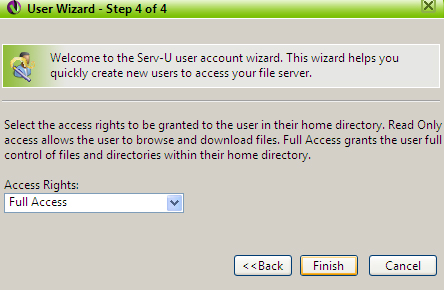 13. Selecione a opção Full Access apresentada na figura Acesso, e clique em Finish para concluir; Acesso 14. O servidor FTP está configurado.