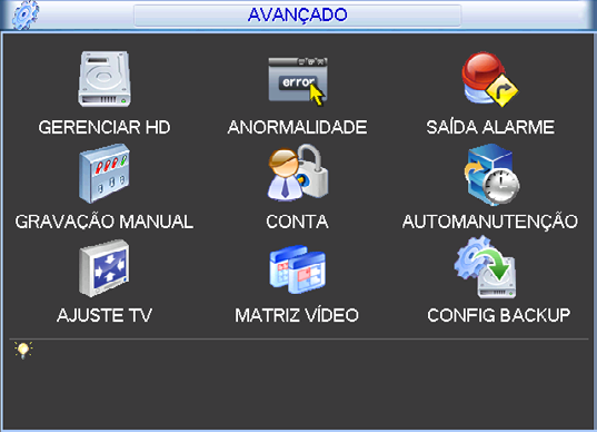 Buscar Consulte o item Busca e reprodução. Avançado No menu principal, clique no ícone Avançado. A interface Avançado será exibida conforme a figura a seguir.