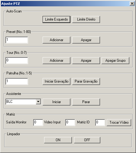 Auto-Scan Ajuste PTZ 1. Defina o limite esquerdo posicionando a câmera no local desejado; 2. Clique em Limite Esquerdo; 3. Após este processo, posicione a câmera em um outro ponto á direita; 4.