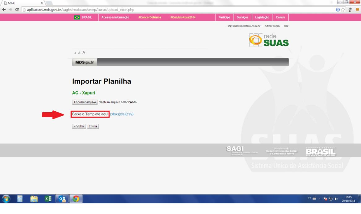 Figura 7: Baixar template Deve-se, então, preencher o modelo da mesma forma como se preenche o formulário na primeira opção, conforme exemplo abaixo. Após inserir todas as opções, salve o arquivo.