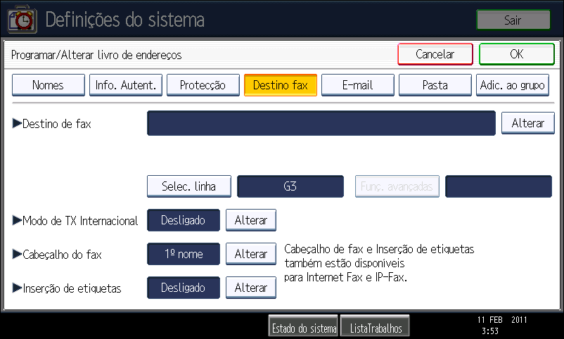 5. Registar Endereços e Utilizadores para Funções Fax/Scanner utilizador e palavras-passe de registo a serem utilizadas no envio de e-mails, envio para pastas ou acesso a um servidor LDAP.