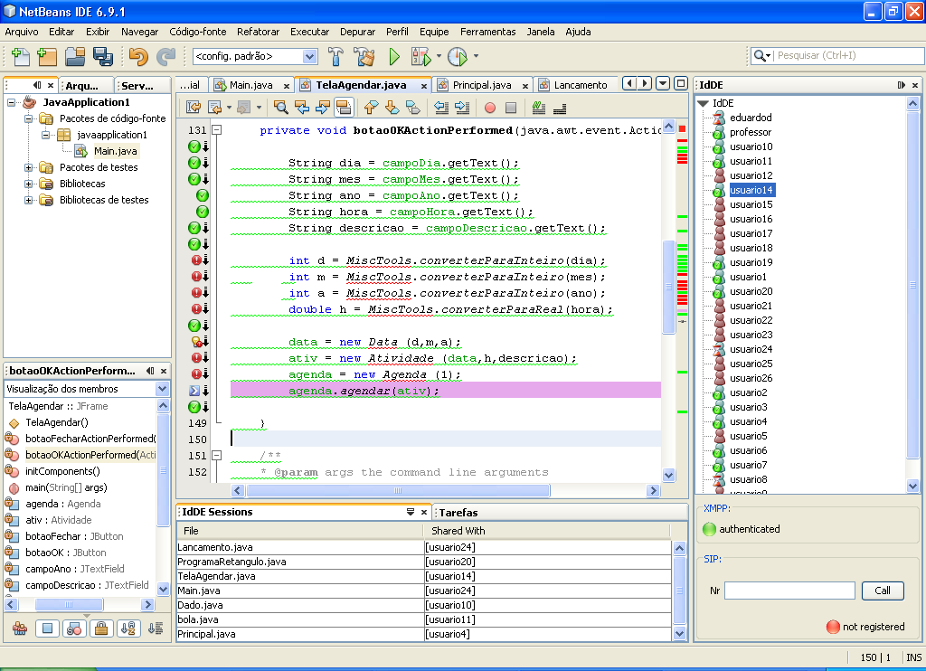 96 Figura 39: Texto alterado e marcações visuais As marcações visuais adicionadas pelo IdDE ao Netbeans são a marcação do texto alterado e a indicação da posição do cursor do usuário remoto.