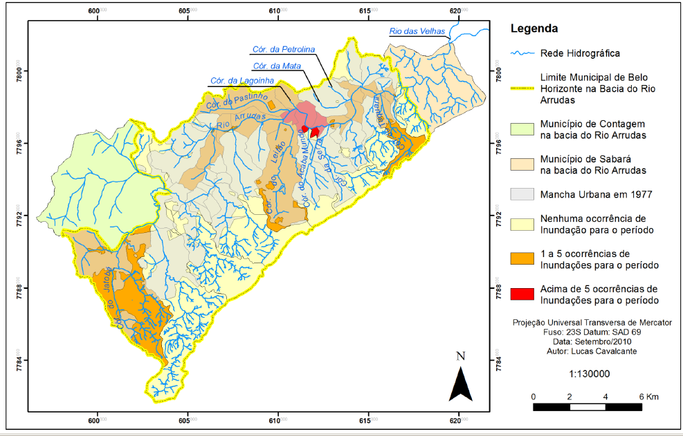 Figura 2 Ocorrência de inundações na Bacia do Ribeirão Arrudas no período de 1971-1980 Fonte: CAVALCANTI, 2010 2.