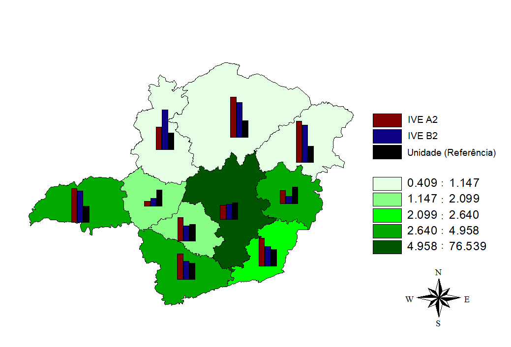 A Figura 34 resume estes indicadores por Regiões de Planejamento, indicando que a região central tende a ser menos impactada e vulnerável às MCG, e as três regiões