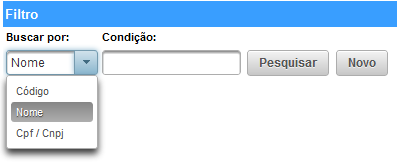 Ao acessarem o módulo de devedores, será exibida uma tela para que possam procurar o devedor pelo Código, nome ou pelo Cpf / Cnpj.