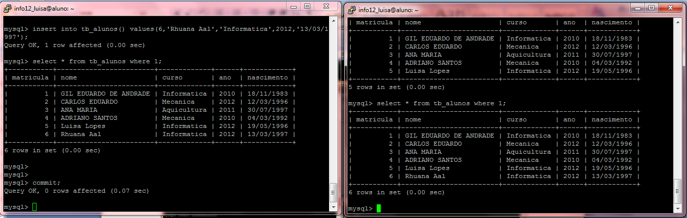 Transação Após conectar com o mysql através do terminal, e selecionar a database que se vai utilizar (comando use nome_database ), pode-se mexer com as tabelas da mesma.