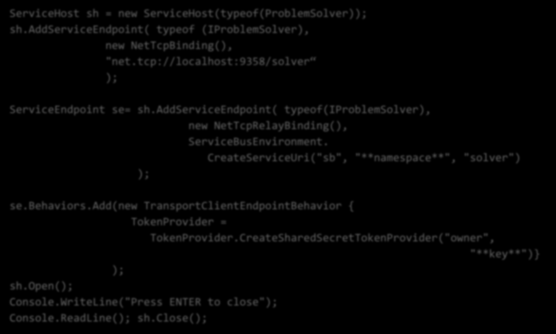 System.ServiceModel.ServiceHost ServiceHost sh = new ServiceHost(typeof(ProblemSolver)); sh.addserviceendpoint( typeof (IProblemSolver), new NetTcpBinding(), "net.