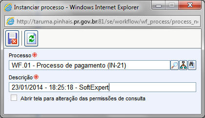 Rev.01 PÁG. 16/43 7. INICIAÇÃO DO PROCESSO Para realizar a abertura de uma nova instancia, o usuário deverá estar logado no sistema e ter permissão para criar um novo registro.