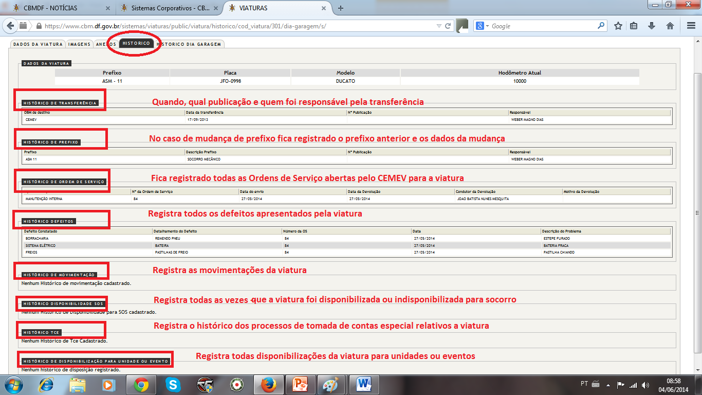ABA HISTÓRICO NESTA ABA, É POSSÍVEL CONSULTAR TUDO O QUE ACONTECEU COM A VIATURA