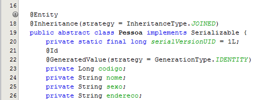 21 3.4. ANOTAÇÕES JPA 2 Quando estamos utilizando anotações usamos as nossas classes Java e anotamos o código fonte dessa classe através das anotações da JPA.