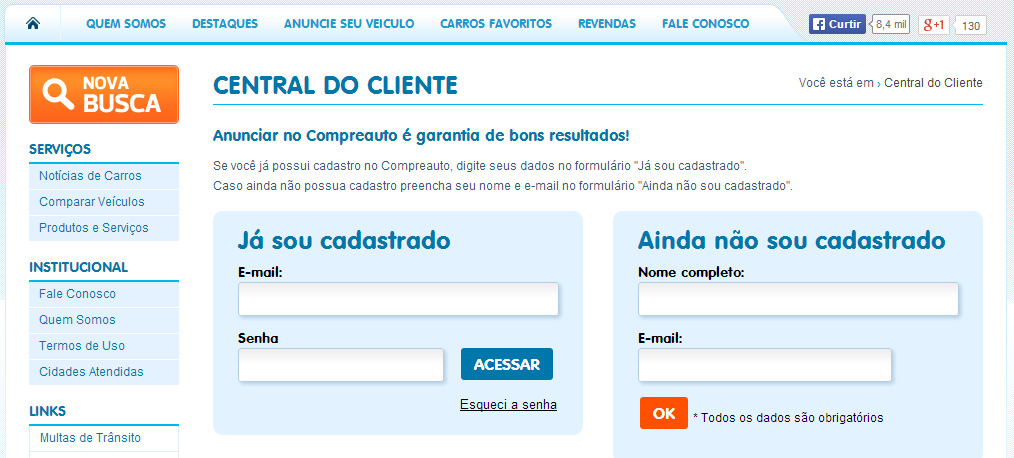 d) 1.2.1.3 Anuncie Seu Veículo Quando a opção Anuncie Seu Veículo é escolhida, uma página é carregada trazendo informações para o usuário que deseja anunciar seu veículo.