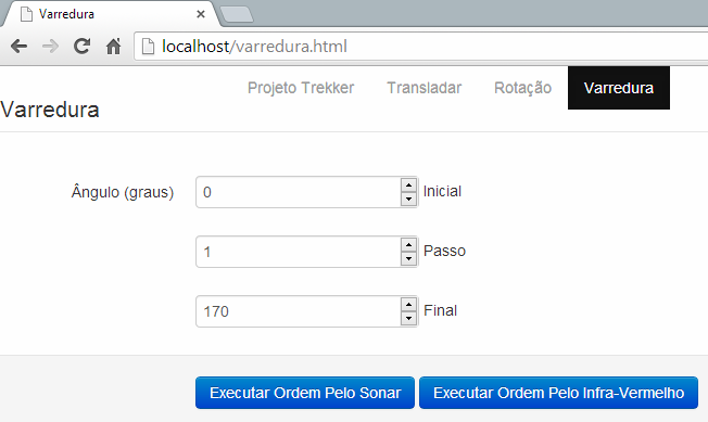 Anais do XIX ENCITA ITA 17 de outubro de 2013 Figura 14: Página HTML para seleção do movimento de rotação. Figura 15: Página HTML para seleção do movimento de varredura dos sensores.