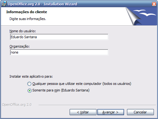 Note: Dependendo da configuração da sua instalação você pode ser perguntado se deseja que o OpenOffice.org seja o sistema Office padrão.