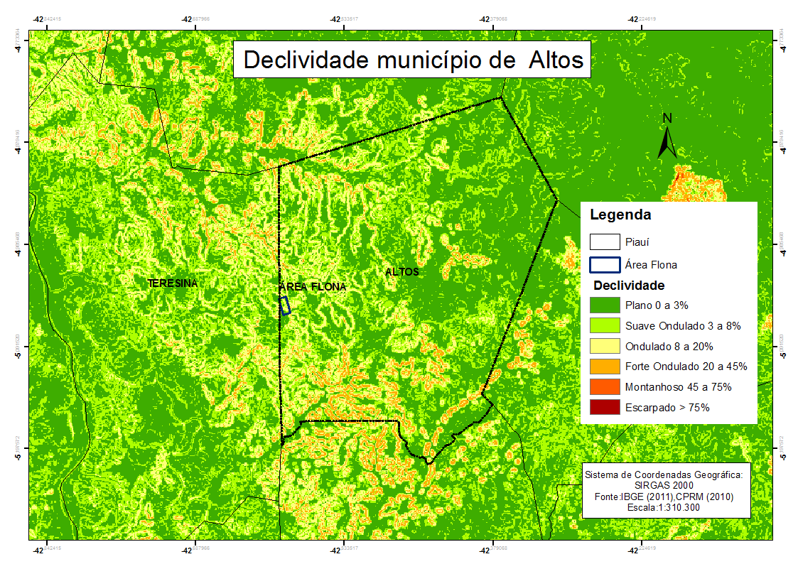 Figura 3. Carta imagem de Declividade do município de Altos. Sistema de Coordenada: SIRGAS 2000; Projeção Transversa de Mercator.