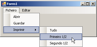 Menus Os menus típicos de uma aplicação, que surgem no topo a seguir à barra de título, disponibilização o acesso às diversas opções da aplicação. No VB, o menu é gerado pelo objecto MenuStrip.