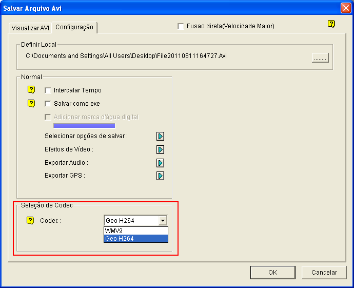 3.2.3 Tipos de Codec avançado ao salvar como AVI Ao salvar o vídeo gravado em formato AVI, as opções de codec foram alterados para WMV9 e H.