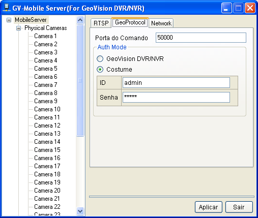 10 Servidor móvel 10.3 Conectando através do Protocolo GeoVision O GV-Decoder Box, GV-aview e Eye-GV podem acessar os dispositivos conectados ao GV-System através do protocolo GeoVision.