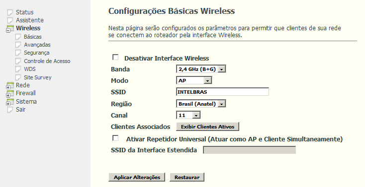 Wireless Este menu permite a definição de todas as configurações referentes à interface wireless do roteador.