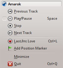 Se você fechar a janela do Amarok clicando em Fechar na borda da janela, o Amarok continuará sua execução em segundo plano e somente exibirá o ícone do lobo azul na Área de notificação: Ao encerrar a
