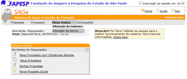 Preenchendo o Cadastro do Pesquisador Após criar o usuário e acessar o sistema pela primeira vez, você deve cadastrar seus dados pessoais no sistema.