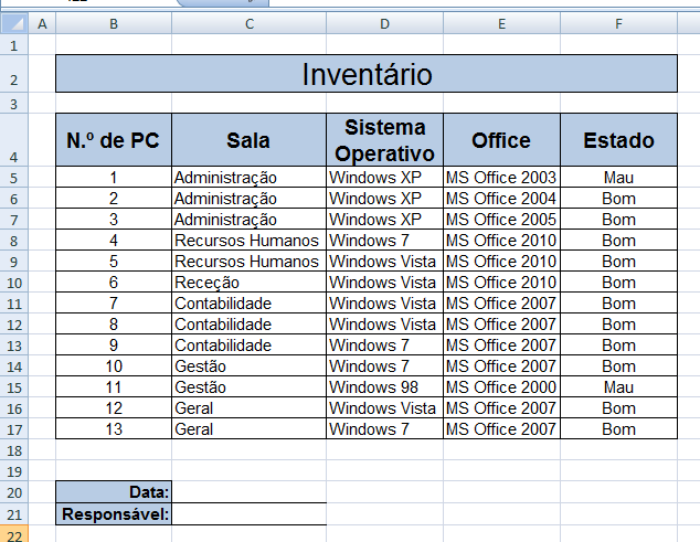 EXERCÍCIO 9 1. Abra o programa Microsoft Office Excel 2010. Guarde o novo livro com o nome: exercício9 na sua pasta de Exercícios do Microsoft Excel. 2. Na folha1, crie a seguinte tabela: 3.