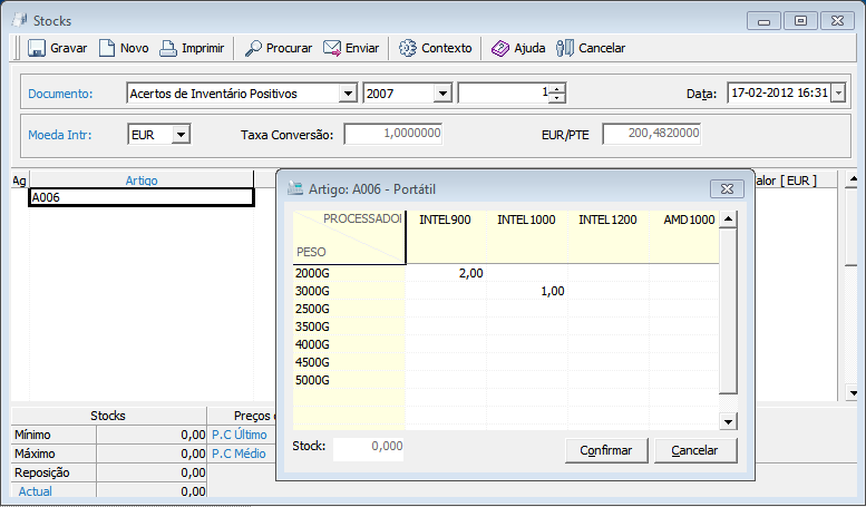 A006 das dimensões Peso 3000g e processador Intel 1000. Também é possível ver o stock atual do artigo para cada dimensão.