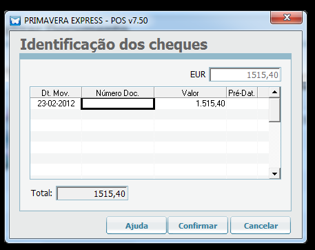 Se o pagamento for efetuado por cheque, a aplicação permite recolher informação sobre o(s) cheque(s) para facilitar a elaboração do talão de depósito, como ilustra a seguinte imagem: Para aceder à