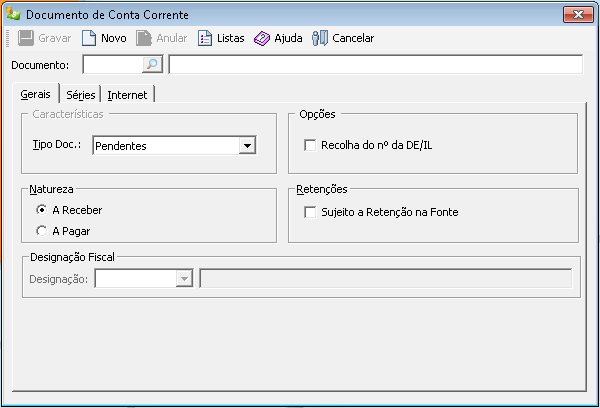 Campos do Doc. de Contas Correntes: Documento - Código identificador do documento podendo conter até 3 carateres. Este código é usado nas consultas e nos mapas de exploração. Tipo doc.