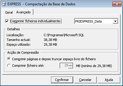 Comprimir ficheiros individualmente - Poderá comprimir toda a base de dados ou cada um dos ficheiros que a constituem (dados ou log).